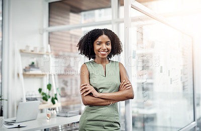 Buy stock photo Happy, portrait and black woman in office as financial advisor for planning in asset management. Corporate, finance and worker in USA with smile in workplace for professional consultation to invest