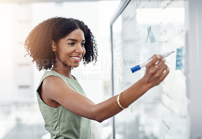 Buy stock photo Business, glass wall and black woman writing, plan or strategy in office. Brainstorming, board and happy female person write idea, working on project and schedule, notes or information in workplace.