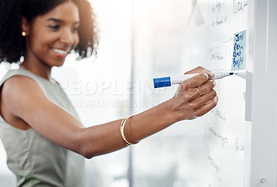 Buy stock photo Business, glass wall and black woman writing, brainstorming or strategy in office. Planning, board and happy female person write, working on project and schedule, sticky note or info in workplace.