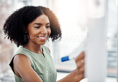 Buy stock photo Writing, strategy and business woman by board in office, workspace and planning for job in corporate career. Working, thinking and employee with agenda, productivity and lawyer brainstorming