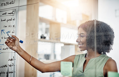 Buy stock photo Business, glass wall and black woman writing, strategy or planning in office. Brainstorming, board and happy female person write, working on project and schedule, mindmap or information in workplace.