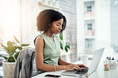 Buy stock photo Business, typing and black woman with a laptop, connection and search internet for website details, information and focus. Female person, entrepreneur and employee with a pc, technology and email 