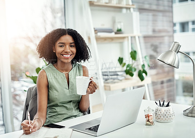 Buy stock photo Portrait, business and black woman with a smile, laptop and connection with a notebook, coffee cup and startup success. Face, female employee and happy entrepreneur with happiness, tea and planning