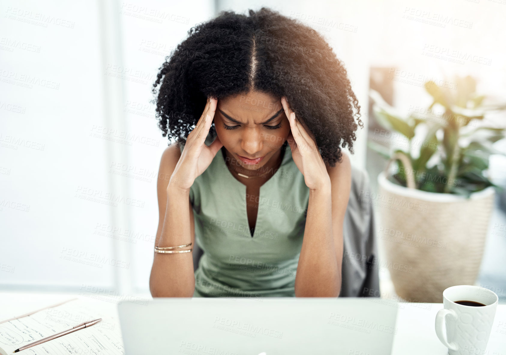 Buy stock photo Stress, frustrated or black woman in office with headache pain from job pressure or burnout fatigue in company. Bad migraine problem, business or tired girl employee depressed by deadline anxiety