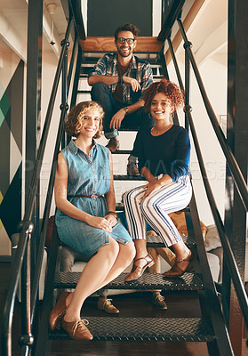 Buy stock photo Smile, startup or portrait of happy people on steps after meeting for team building together in company. Women, proud man or employees smiling with leadership, confidence or group support in business