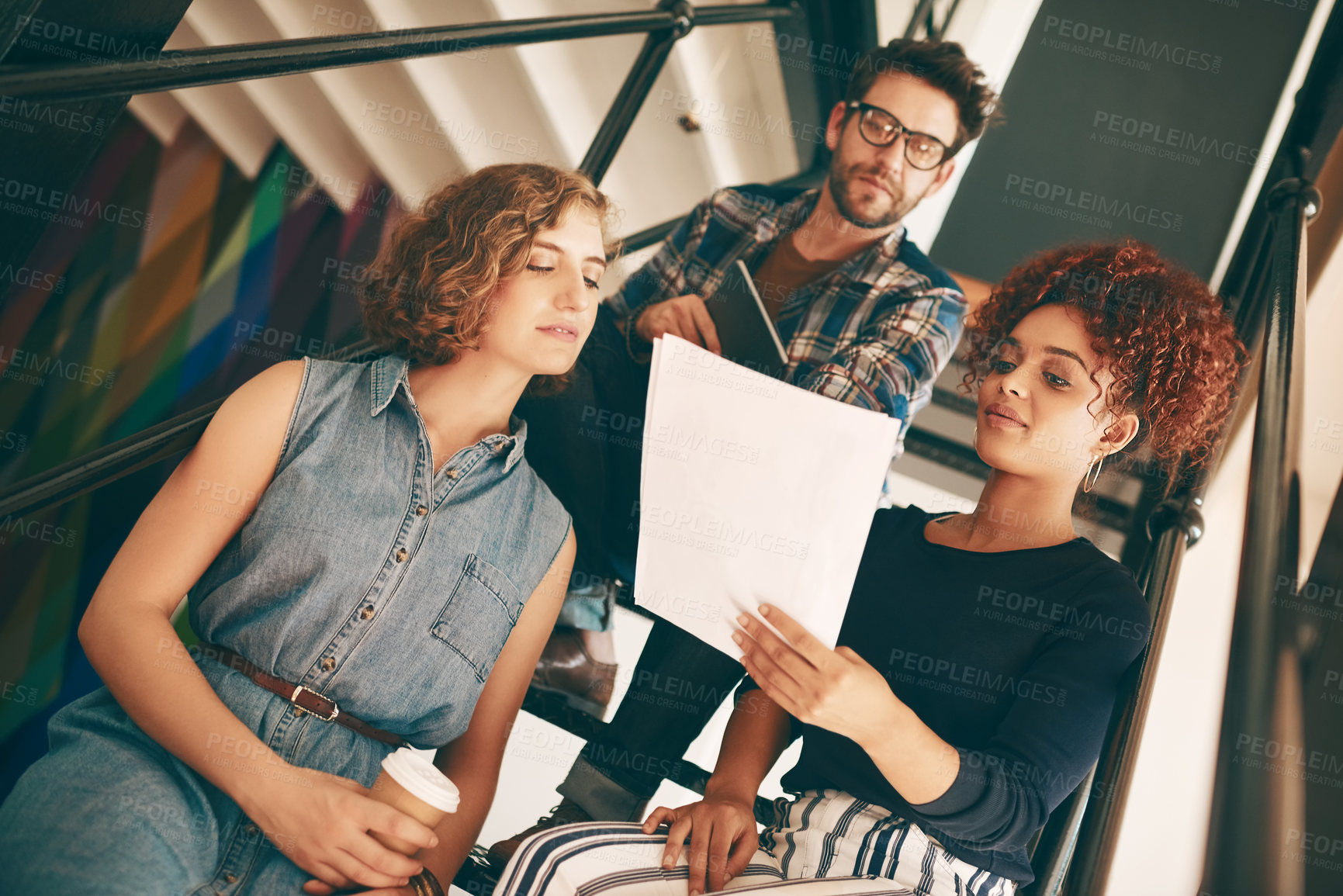 Buy stock photo Teamwork, designers or people with paperwork in meeting for data analysis or documents report. Collaboration, startup company or creative group of employees in modern office for project together 