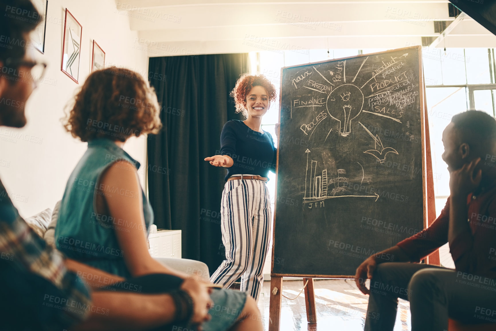 Buy stock photo Woman, talking and presentation with collaboration for brainstorming, project ideas and strategy plan in creative agency. Female coach, blackboard and training workshop for teaching staff and info