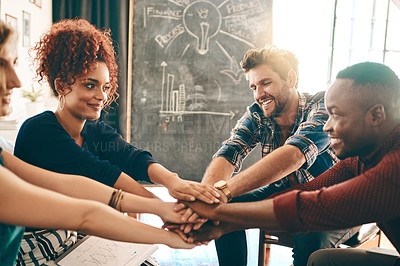 Buy stock photo Creative, group and stack of hands, meeting and producer in film production, funding and planning. Diversity, board and solidarity of teamwork in office, celebration and achievement of people