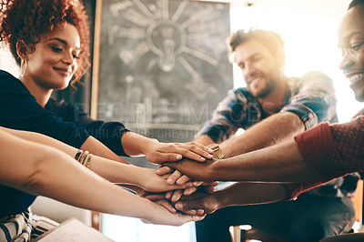 Buy stock photo Creative, group and stack of hands, collaboration and producer in film production, funding and planning. Diversity, board and solidarity of teamwork in office, celebration and achievement of people