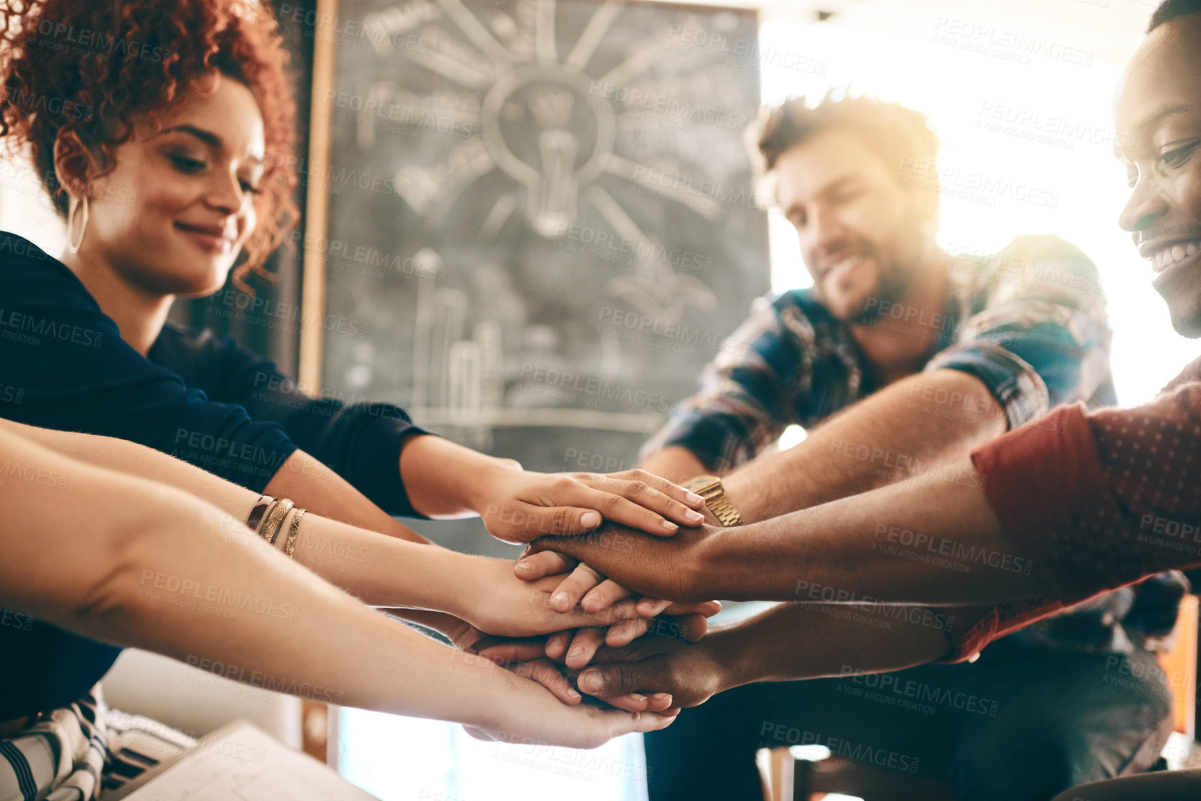 Buy stock photo Creative, group and stack of hands, collaboration and producer in film production, funding and planning. Diversity, board and solidarity of teamwork in office, celebration and achievement of people