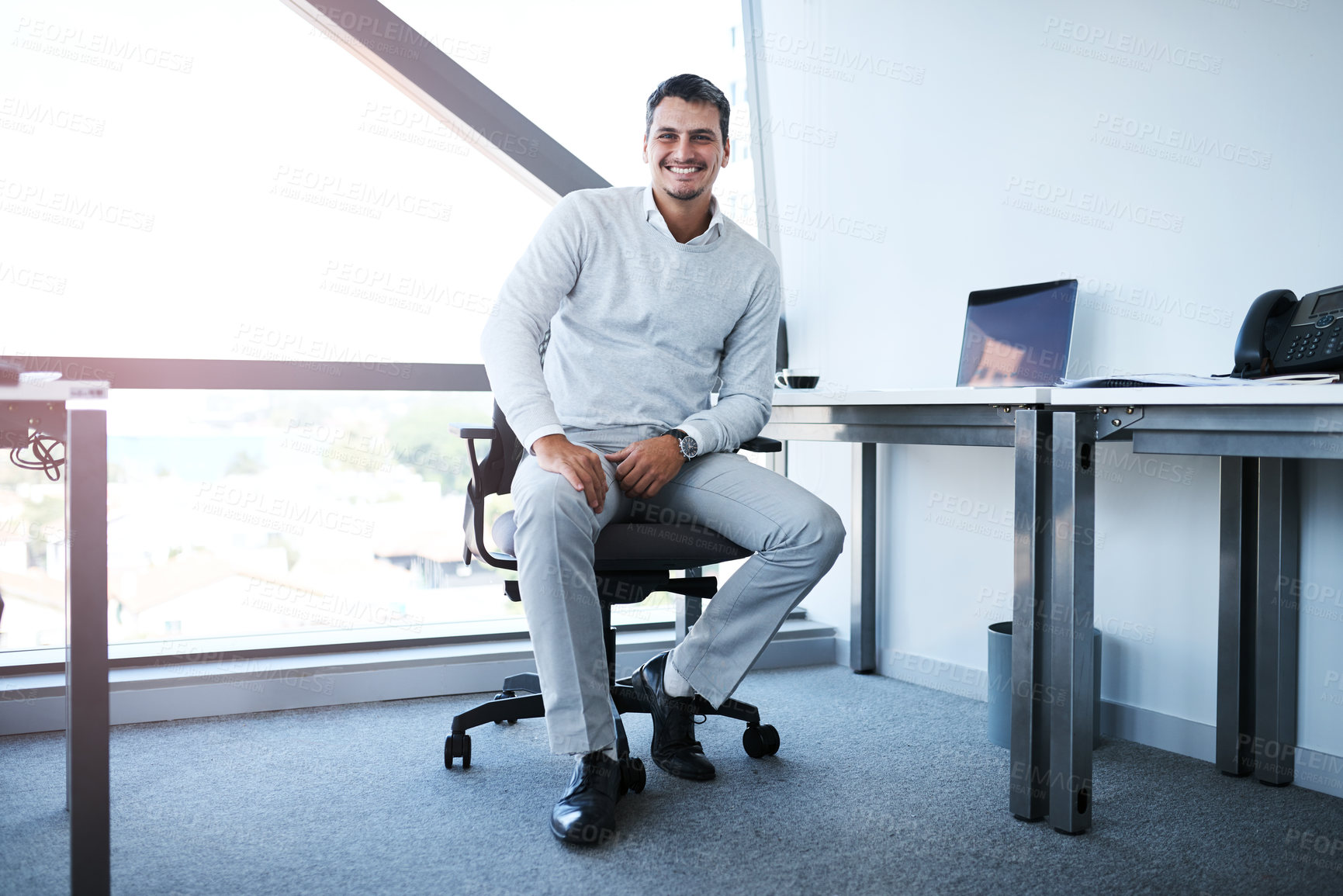 Buy stock photo Man, portrait and employee on chair in office, confident financial advisor and ready for consulting. Male person, professional and proud of career in workplace, accounting firm and job opportunity