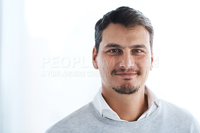 Buy stock photo Man, portrait and confident employee in office, confident financial advisor and ready for consulting. Male person, professional and proud of career in workplace, accounting firm and job opportunity