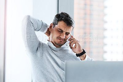 Buy stock photo Businessman, neck pain and phone call with stress, injury or burnout from mistake or anxiety in office. Tired man, employee and inflammation with sore ache, strain or overworked with overtime report