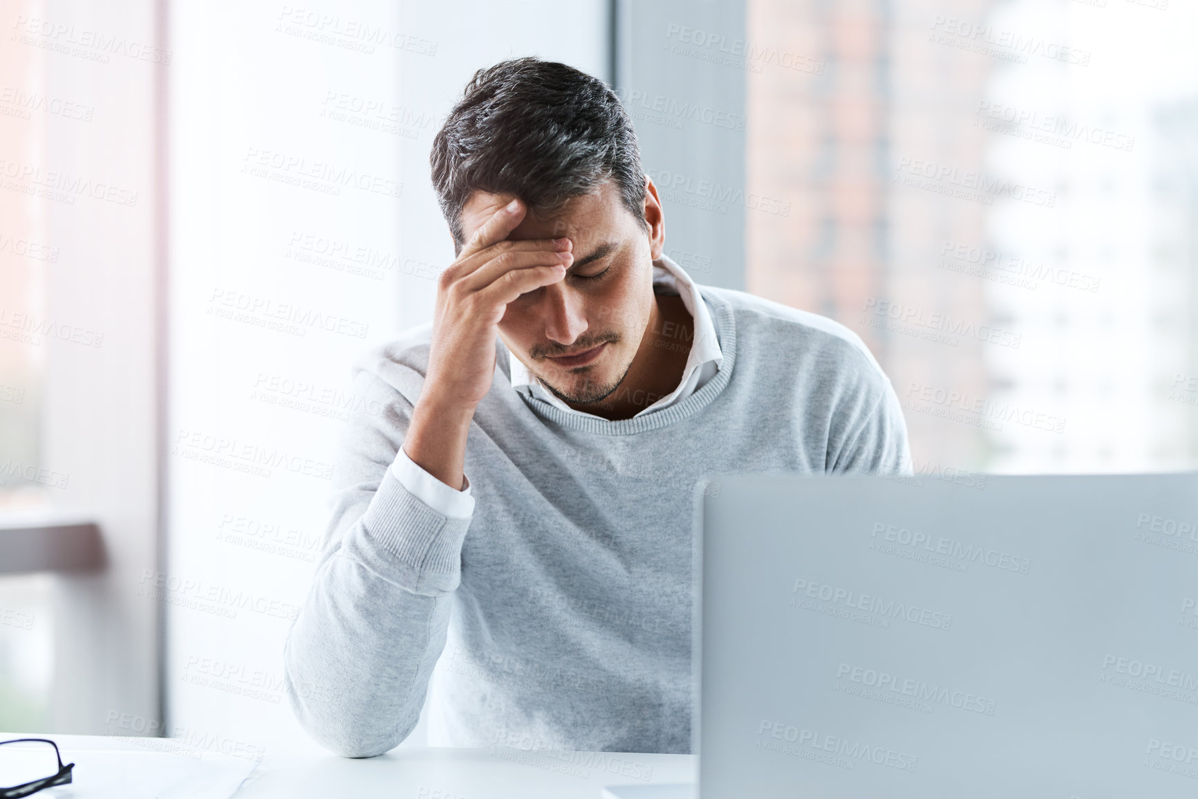 Buy stock photo Businessman, headache and pressure with stress, injury or burnout from mistake or anxiety in office. Tired man, employee and inflammation with sore ache, discomfort or overworked with report