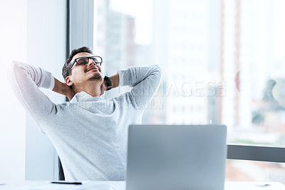 Buy stock photo Relax, laptop and businessman in office with finished project for deadline with satisfaction. Rest, happy and male financial planner with completed investment revenue report for client in workplace.