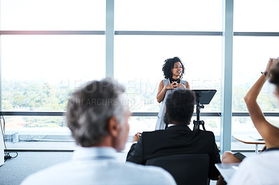 Buy stock photo Seminar, presentation and woman presenter in the office boardroom for a business conference. Corporate speech, speaker and female manager talking at a tradeshow, meeting or workshop in the workplace.