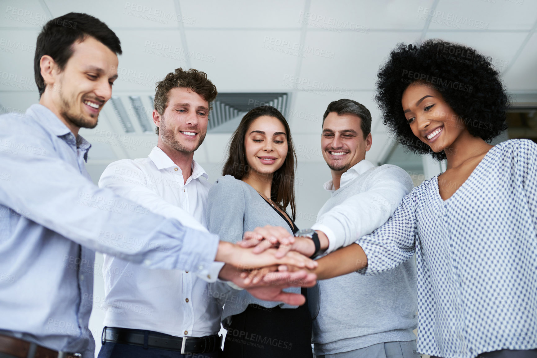 Buy stock photo Office, circle and hands stack of business people for teamwork, collaboration and solidarity for about us. Corporate staff, diversity and happy workers for support, partnership and company pride