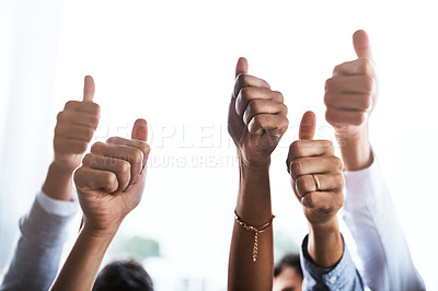 Buy stock photo Hands, business people and thumbs up for thank you, good job or success in collaboration, agreement or goals. Group, ok emoji and winning with yes, support or trust for teamwork or solidarity