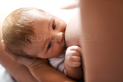 Buy stock photo High angle shot of a young mother breastfeeding her newborn baby at home