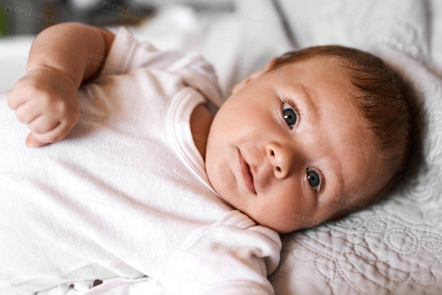 Buy stock photo Baby, portrait and kid on bed with relax for wellness, child development or comfortable in bedroom. Young, newborn and infant boy in nursery for curiosity, growth or morning routine in home.