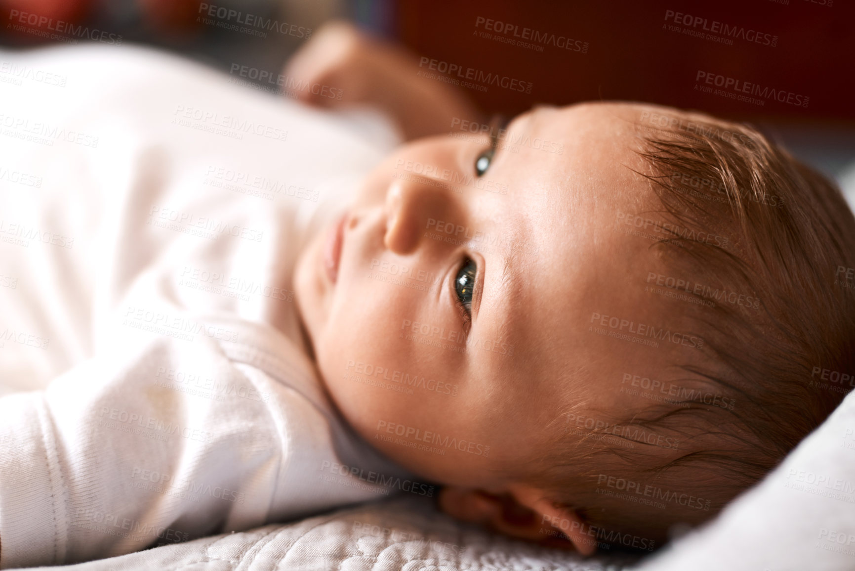 Buy stock photo Home, growth and baby in nursery for relax, awake and wellness for health development with comfort. House, boy newborn or infant in bed with curiosity, resting and innocent with early childhood