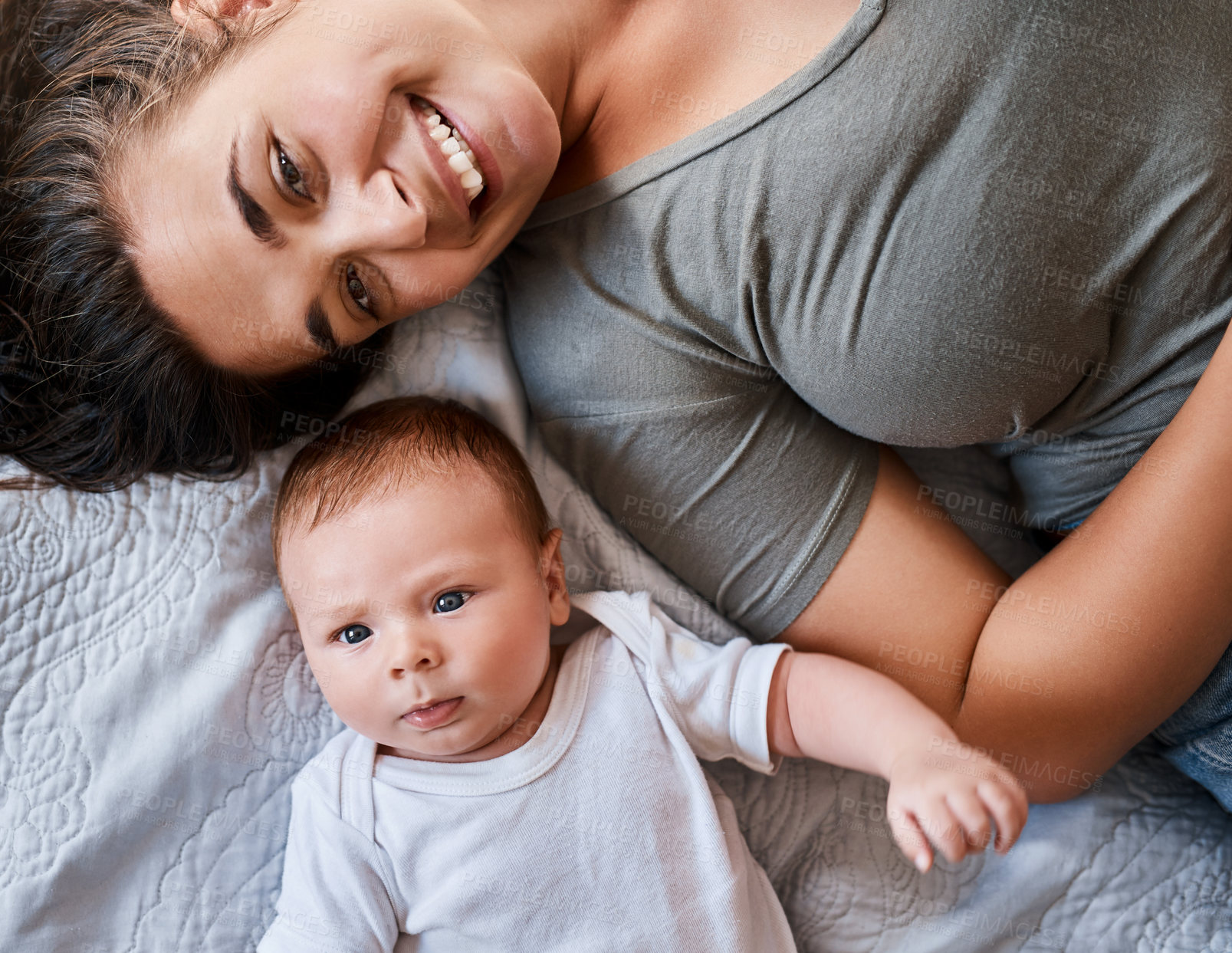 Buy stock photo Portrait, mother and baby in bed at home for relax, rest and bonding together as family. Happy people, mom and boy infant in bedroom for embrace with love, support or security as parent in apartment