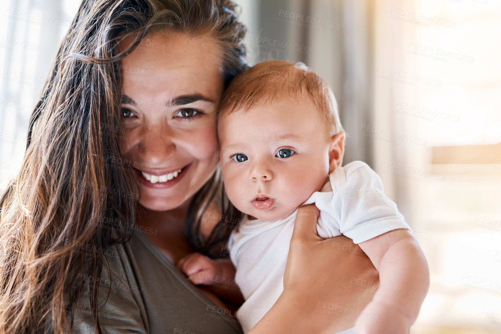 Buy stock photo Mom, baby and happy portrait for love relationship, security and bonding for development in family home. Face smile, mother and newborn boy child with support for healthy growth, safety and trust