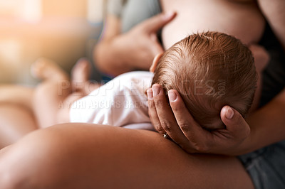 Buy stock photo Mother, baby and breastfeeding with love in bedroom for growth development, nutrition or digestive health. Lens flare, care and woman with newborn child for natural milk, wellness or bonding in home