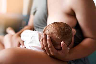 Buy stock photo Breastfeeding, baby and young mother in bedroom for growth development, nutrition or digestive health. Care, infant and woman with newborn child for natural milk, wellness or bonding in home