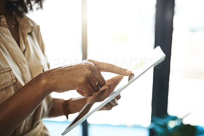 Buy stock photo Hands, tablet and click in office with person, review and project management at creative agency. Employee, digital touchscreen and typing with application, reading and contact on web at workplace