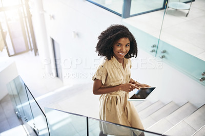 Buy stock photo Business woman, tablet and portrait on stairs for communication, networking and check schedule. Female person, tech and steps with social media, conversation and online meeting calendar for work