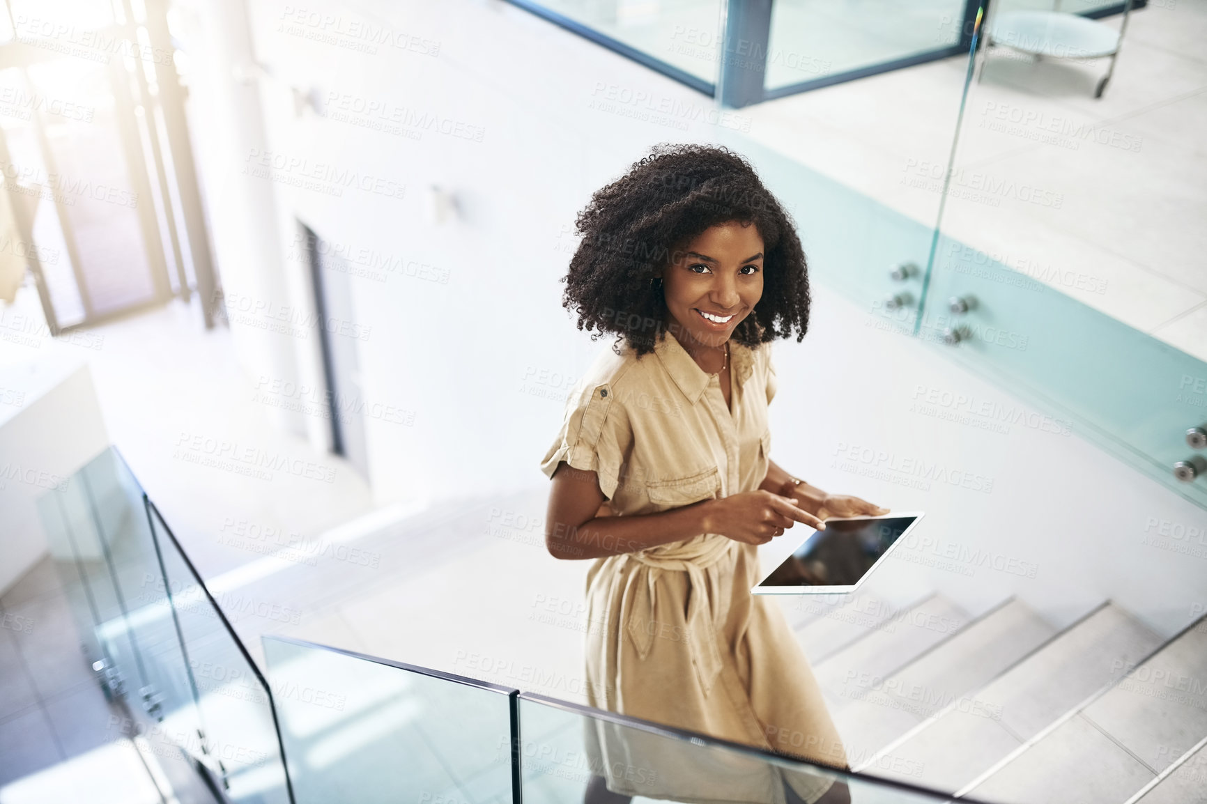 Buy stock photo Business woman, tablet and portrait on stairs for communication, networking and check schedule. Female person, tech and steps with social media, conversation and online meeting calendar for work