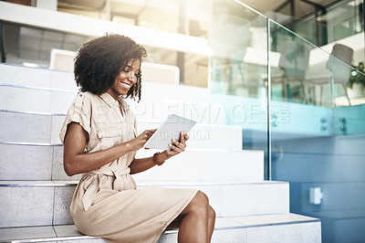 Buy stock photo Business, smile and tablet with black woman on steps in office for internet research. App, company and technology with happy corporate employee reading online information in professional workplace