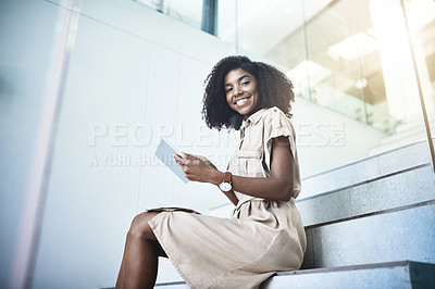 Buy stock photo Business, portrait and tablet with black woman on stairs in office for administration or research. App, research and smile of happy corporate employee on steps in professional workplace for info