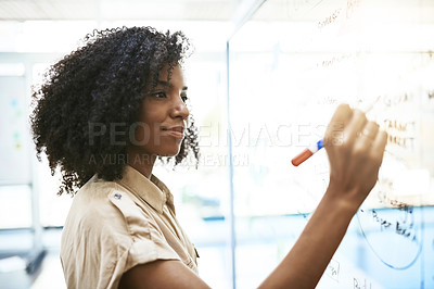 Buy stock photo Writing, board and black woman and notes with planning, creative solution and thinking. Office employee, research and problem solving with idea and moodboard for project, agenda with job schedule