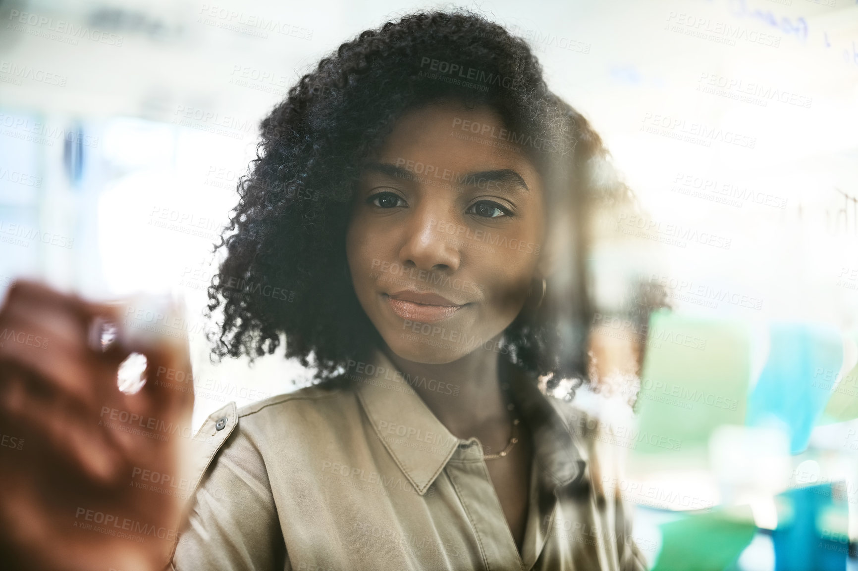 Buy stock photo Writing, pen and business black woman at board with plan, creative solution and notes. Employee, research and problem solving with idea and moodboard for project and process agenda in writer office