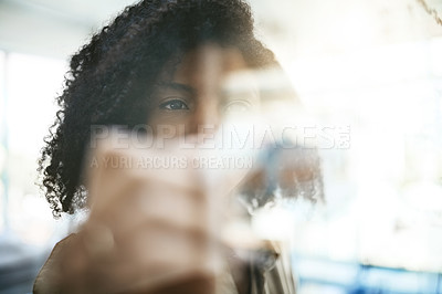 Buy stock photo Writing, board and black woman hands and notes with planning, creative solution and thinking. Employee, research and problem solving closeup with idea and moodboard for project, agenda with schedule