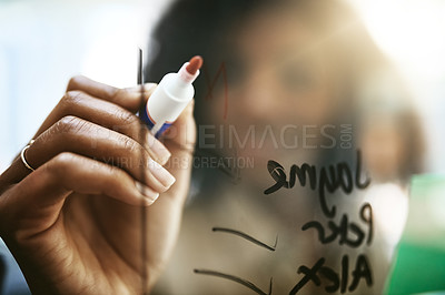 Buy stock photo Writing, board pen and woman hands and notes with planning, creative solution and names. Employee, research and problem solving closeup with idea and moodboard for project, agenda with schedule