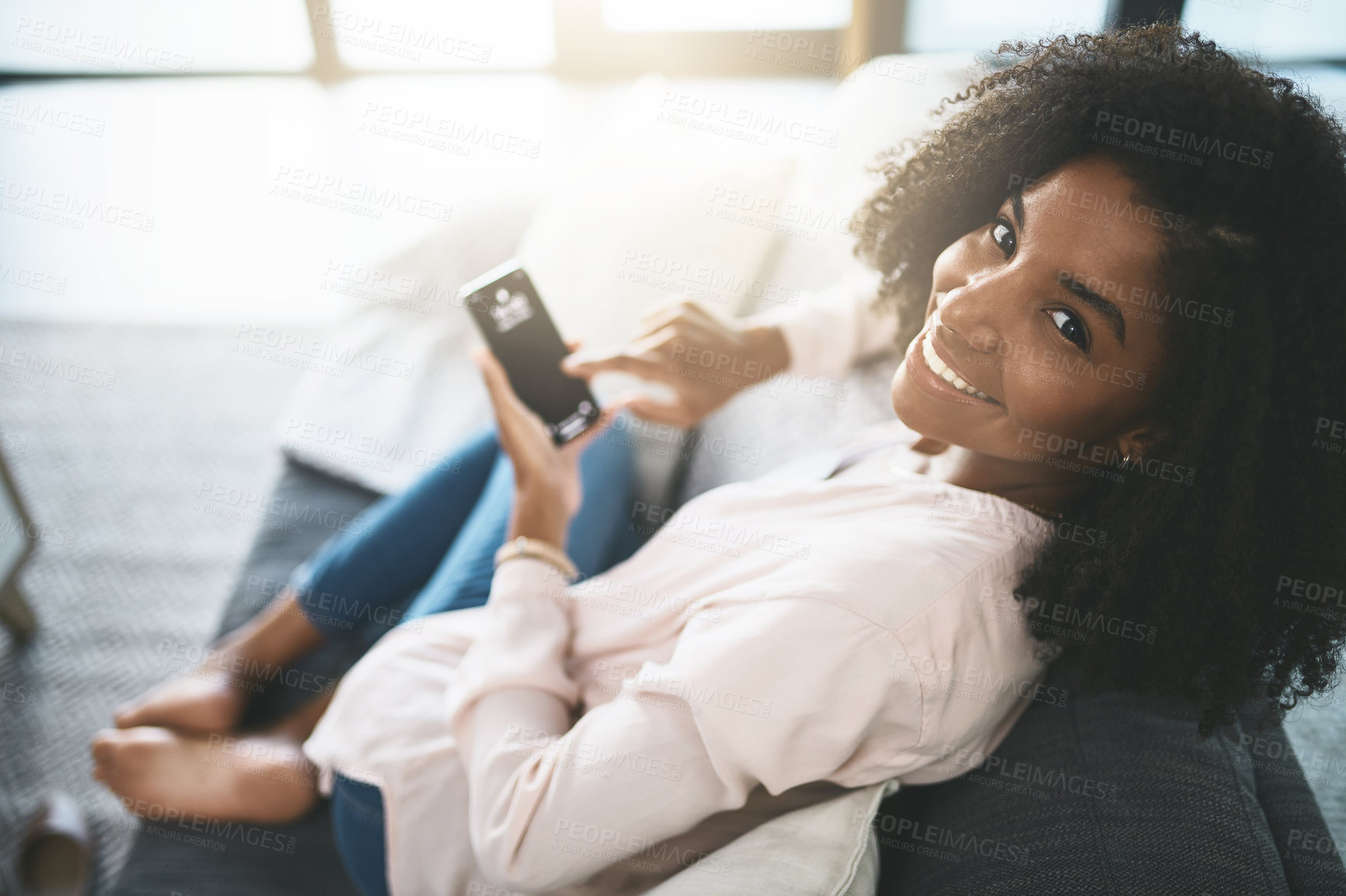 Buy stock photo Smile, portrait of woman and phone in home for social media, internet banking and communication. Female person, happy or typing on cell screen for access, entertainment or web scrolling in lounge