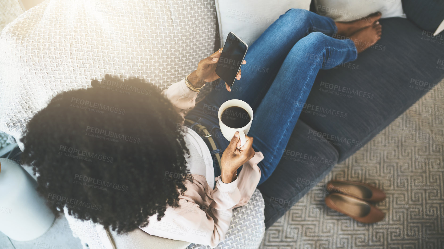 Buy stock photo Relax, coffee and woman on sofa with phone, scroll and online chat for networking in home. Smartphone, search and girl on couch with mobile app for social media, connect and morning drink from above