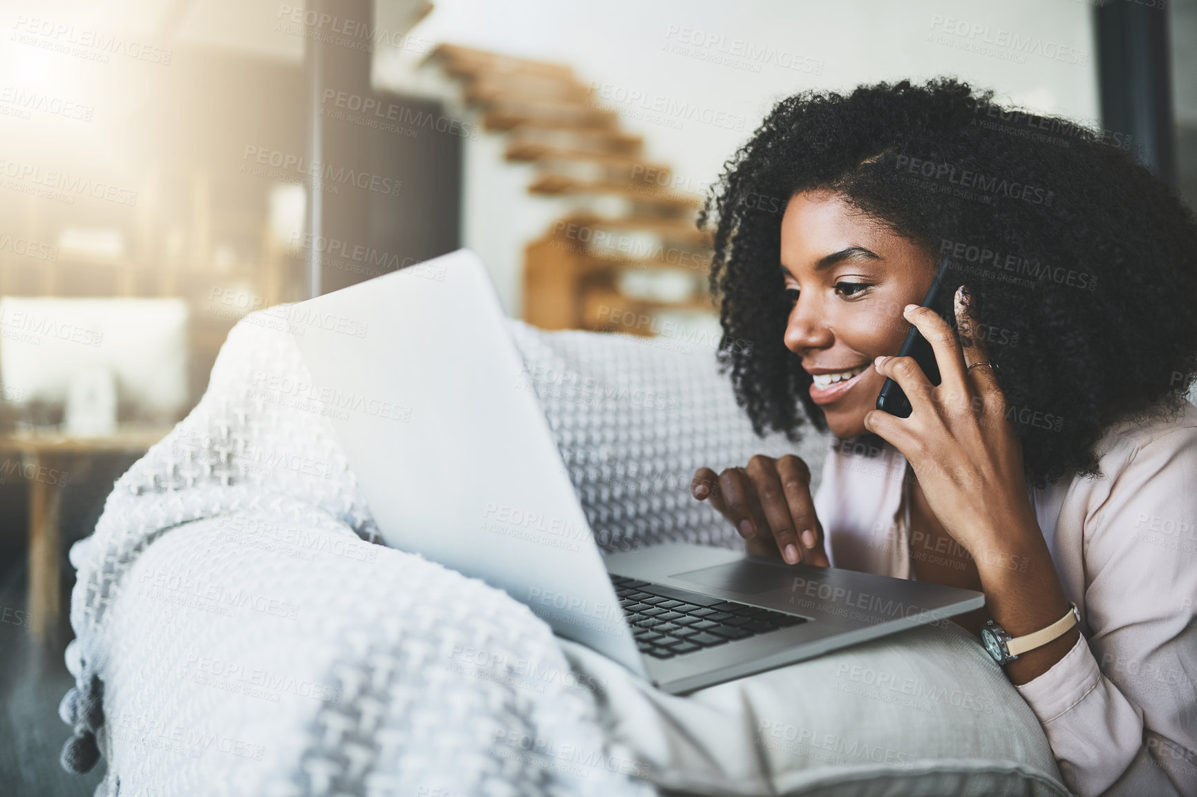 Buy stock photo Remote work, phone call and black woman with laptop, copywriting and connection in lounge. African person, apartment and entrepreneur with smartphone, pc and planning for project, schedule and home