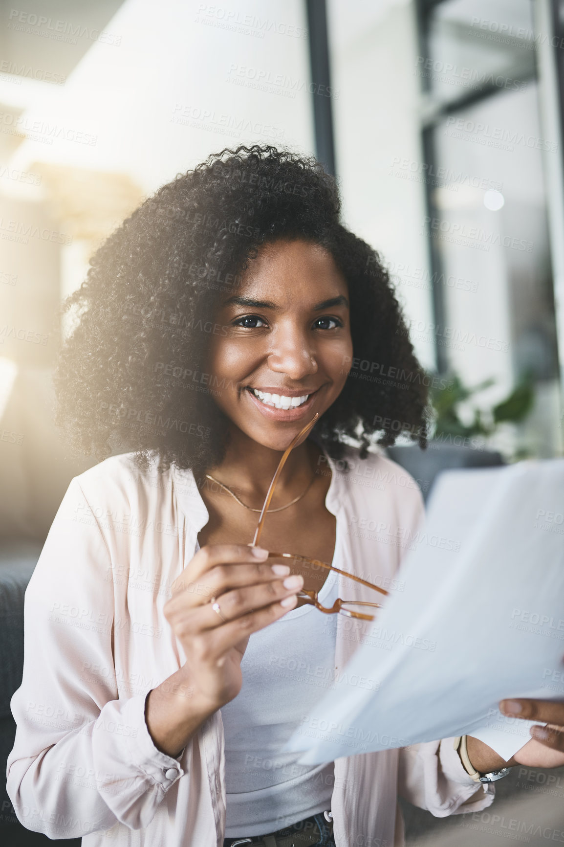 Buy stock photo Happy, portrait or black woman with paperwork for finance, budget or mortgage at home. Young African, female person or tenant with smile or documents for financial planning, payment or bank statement