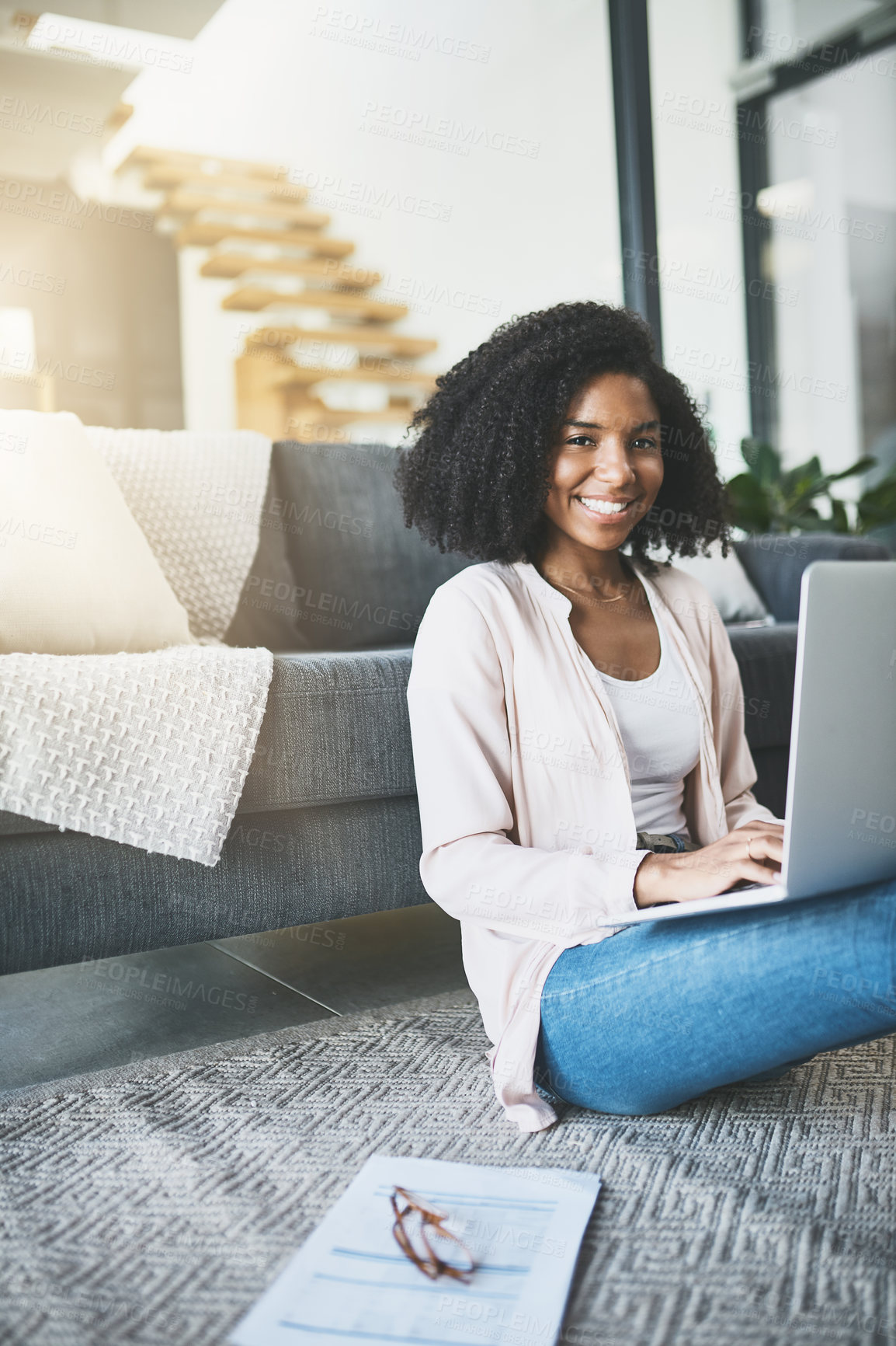 Buy stock photo Remote work, typing and portrait of black woman on laptop for online project, report and research. Working from home, freelance business and person on computer for website, internet and planning