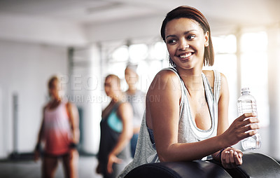 Buy stock photo Fitness, thinking and woman in gym with water, hydration and liquid to detox for wellness. Health club, female person or athlete on break from cardio, mineral H2O and refreshment bottle for thirst