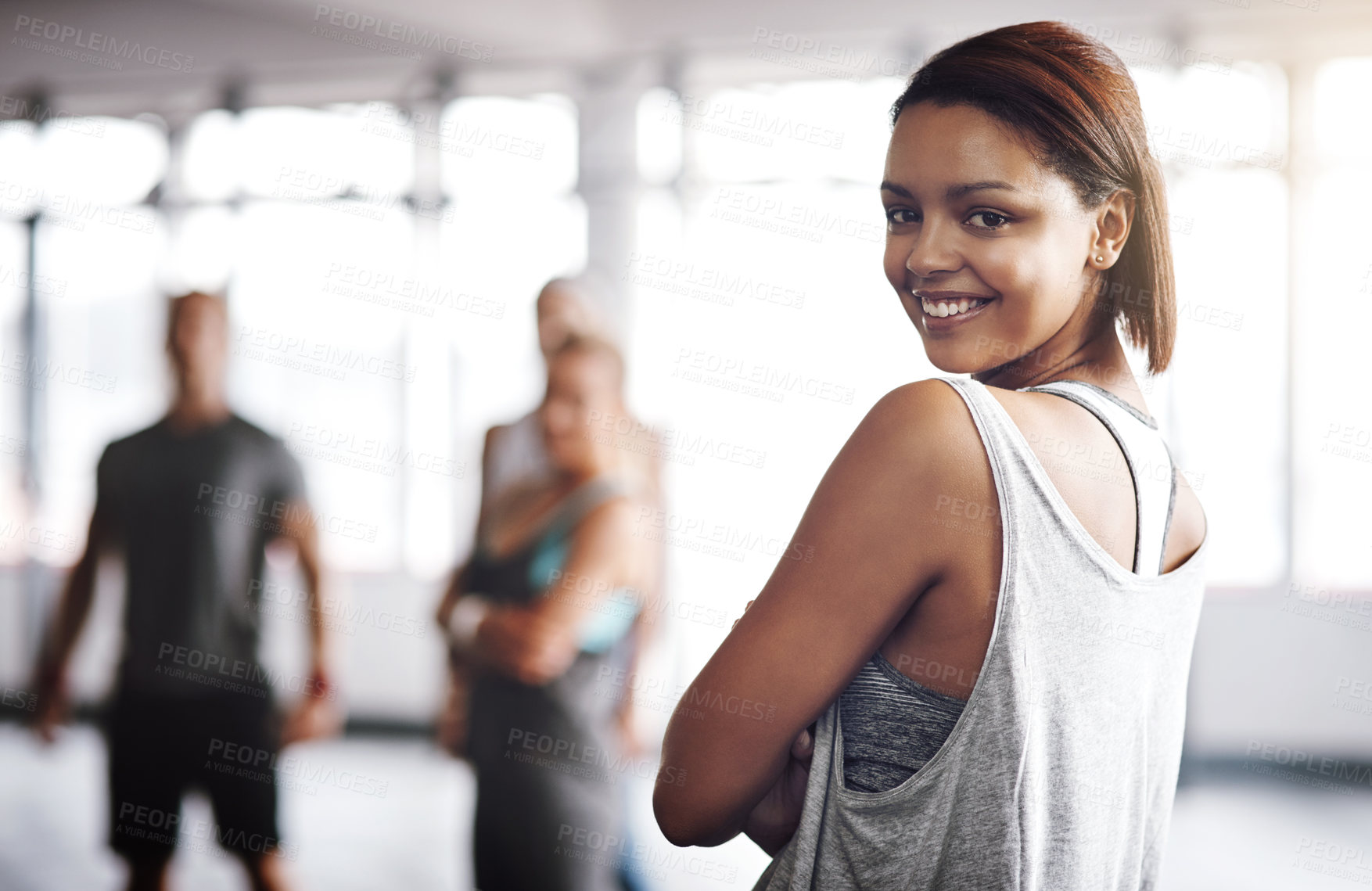 Buy stock photo Happy, woman and portrait in gym for fitness, exercise routine and strength training for health or wellness. Female person, confident and ready for workout to build muscle for competition and sports.