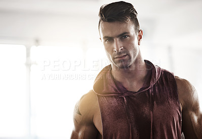 Buy stock photo Serious, man and portrait in gym for exercise, fitness routine and strength training for health or wellness. Male athlete, bodybuilder and ready for workout to build muscle for competition and sports