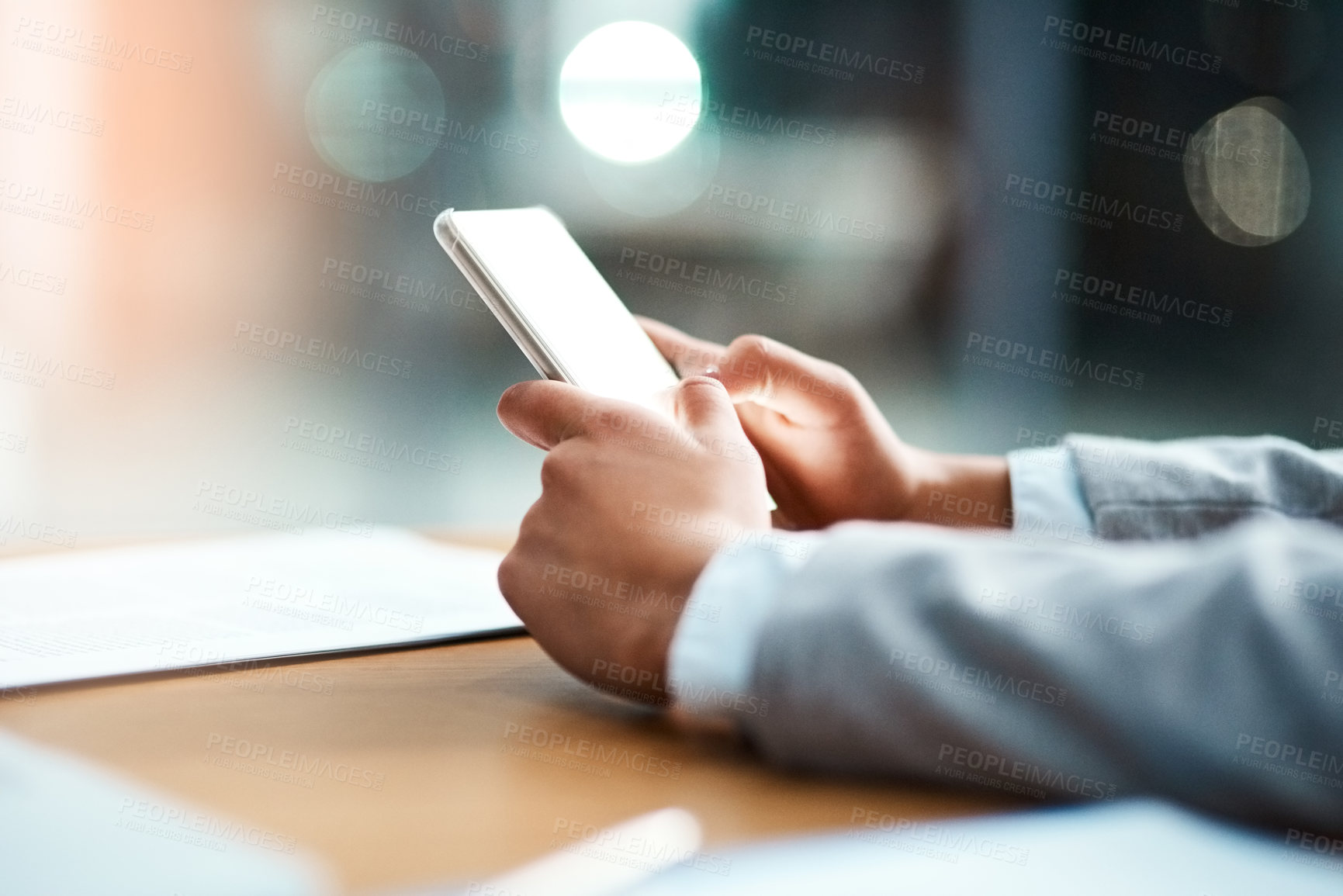 Buy stock photo Business person, hands and typing with phone screen at night for online browsing, research or news at office. Closeup of employee working late on mobile smartphone, web search or app in communication
