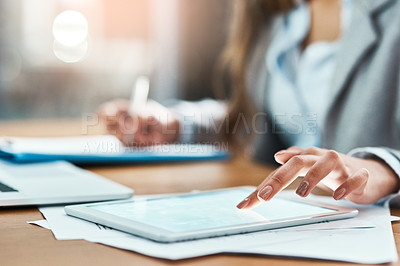 Buy stock photo Business woman, tablet and screen with documents, legal paperwork and writing or research at night. Typing, scroll and professional person or lawyer hands on digital tech, policy checklist or report