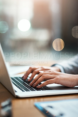 Buy stock photo Laptop, typing and hands of a person at desk for work, internet and connection at night. Business, corporate and a secretary or receptionist on a computer keyboard for late admin online in an office