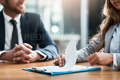 Buy stock photo Documents, contract and business people or partner writing signature for deal, partnership or legal paperwork at night. Paper, happy and lawyer woman or notary hands at law firm, success or agreement